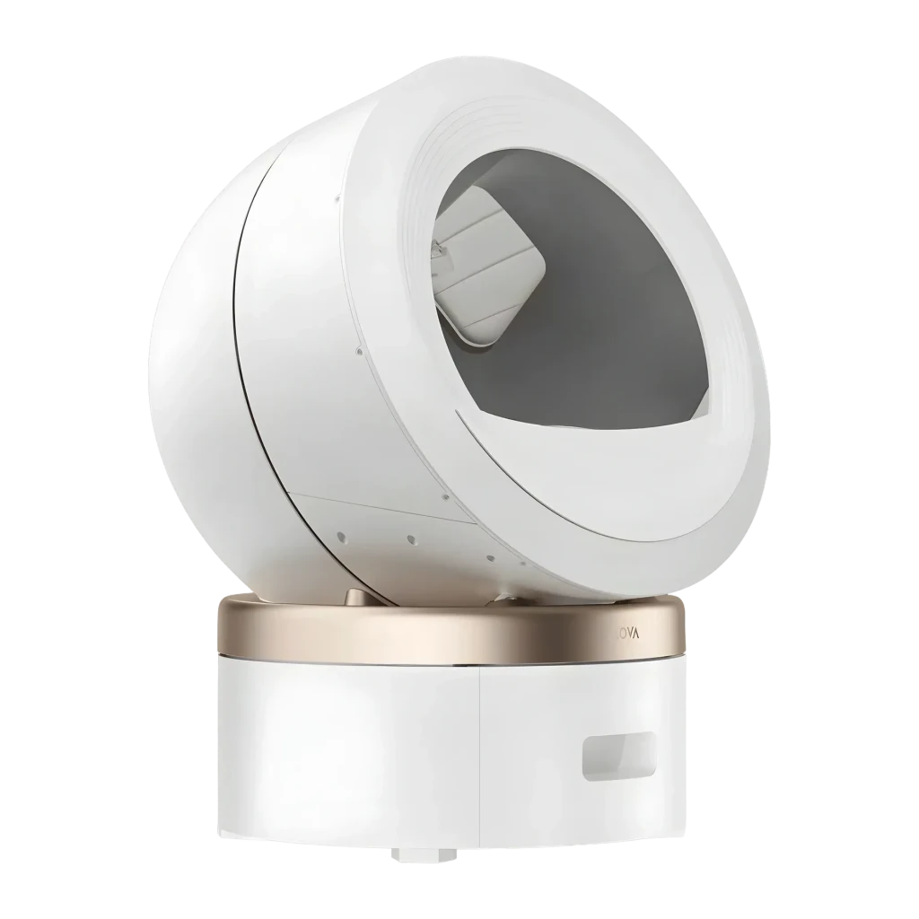 Litière Autonettoyante MOVA MeowBionic 110L Blanc WiFi App Capteur de poids, vue latérale: globe rotatif blanc