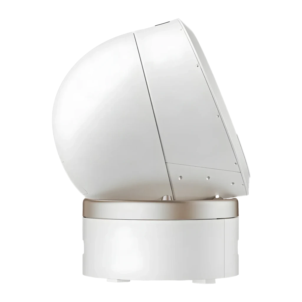 Litière Autonettoyante MOVA MeowBionic 110L Blanc WiFi App Capteur de poids, vue latérale: globe rotatif et base dorée
