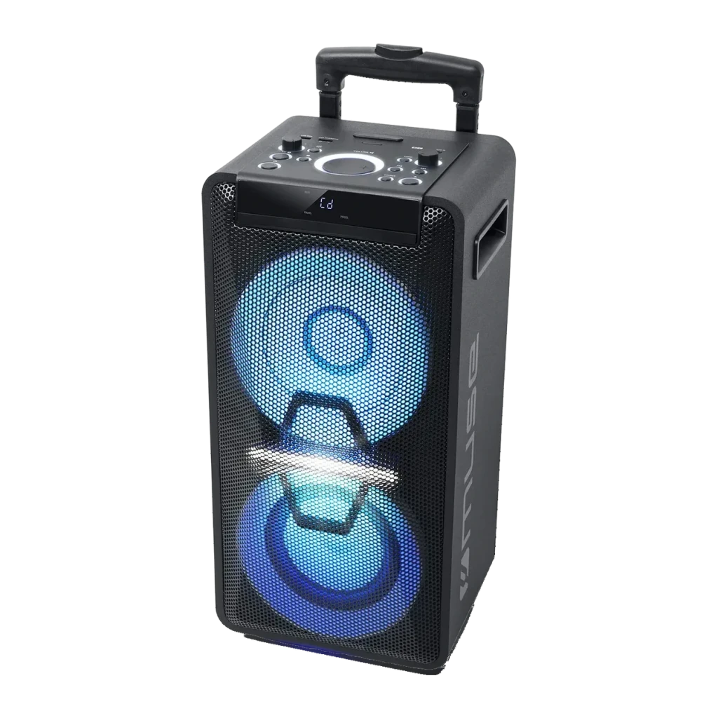 Coluna de Festa Muse DJ 300W Bluetooth Preto M-1920, vista frontal em ângulo: dois altifalantes com luzes LED azuis, pega