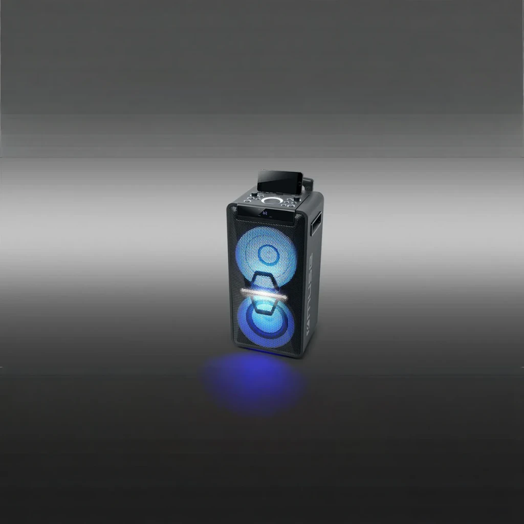 Coluna de Festa Muse DJ 300W Bluetooth Preto M-1920, em uso: luzes LED azuis acesas na grelha frontal com reflexo no chão