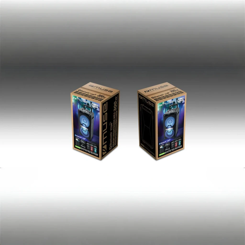 Coluna de Festa Muse DJ 300W Bluetooth Preto M-1920, em uso: caixas de cartão frente e verso com ilustração da coluna