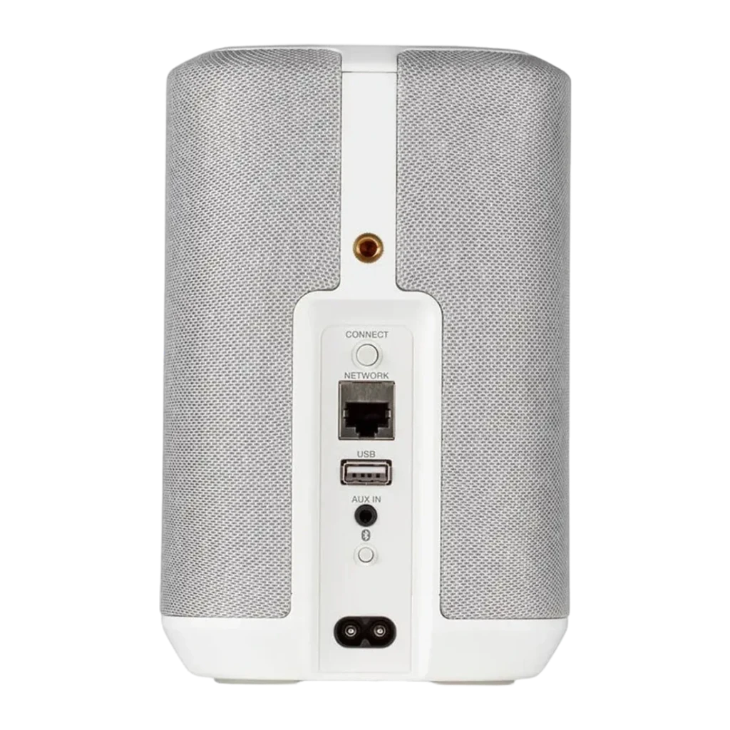 Altavoz inalámbrico Denon Home 150 WiFi, Bluetooth, AirPlay 2 Blanco, vista trasera: puertos Network, USB, AUX IN y botón