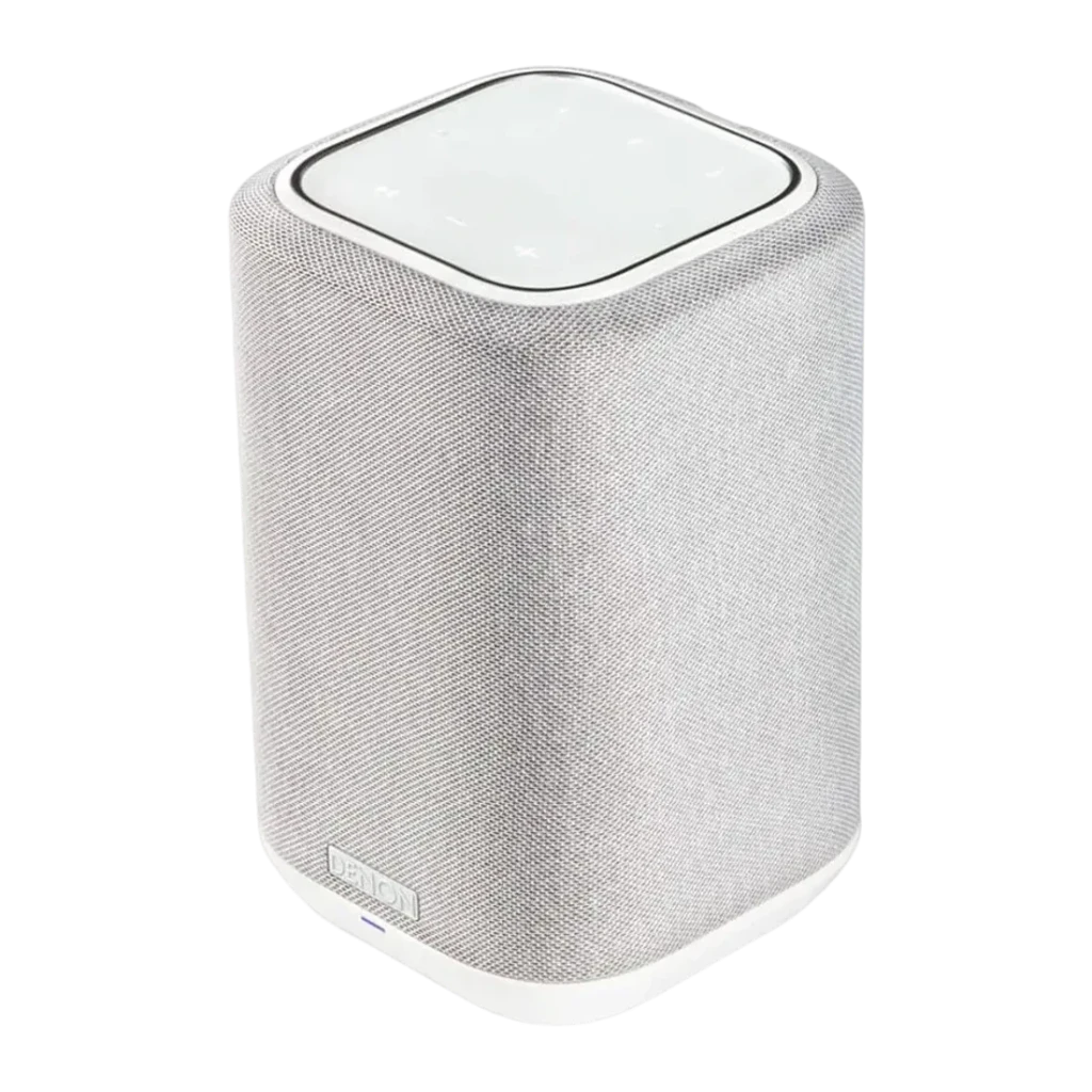 Altavoz inalámbrico Denon Home 150 WiFi, Bluetooth, AirPlay 2 Blanco, vista en ángulo: rejilla textil, panel táctil superior