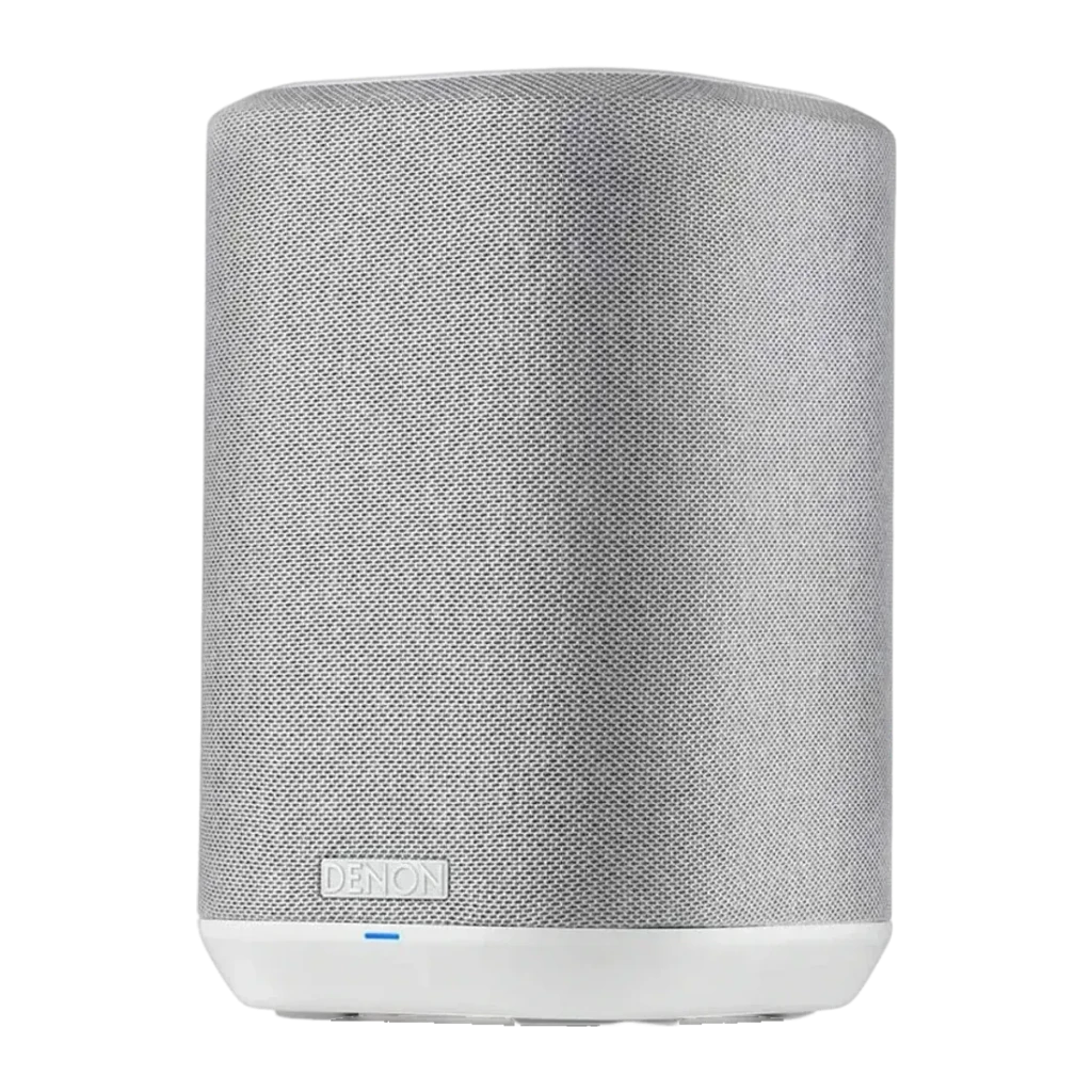 Altavoz inalámbrico Denon Home 150 WiFi, Bluetooth, AirPlay 2 Blanco, vista frontal: rejilla textil gris, logo Denon y LED