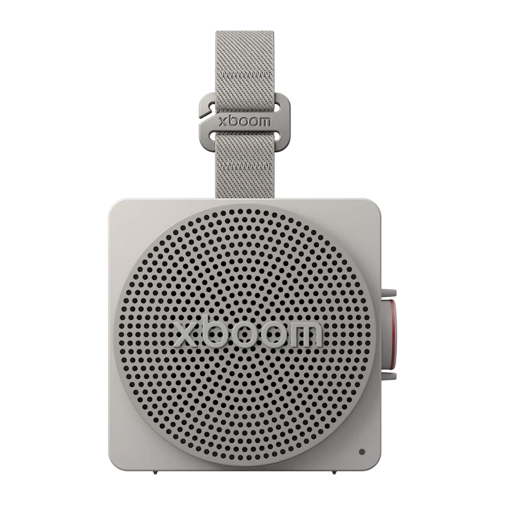 Altavoz portátil LG xboom Mini by will.i.am IP67 5W 10h Gris, vista frontal: rejilla circular, logo xboom y correa textil