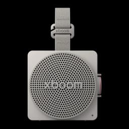 Altavoz portátil LG xboom Mini by will.i.am IP67 5W 10h Gris, vista frontal: rejilla circular, logo xboom y correa textil