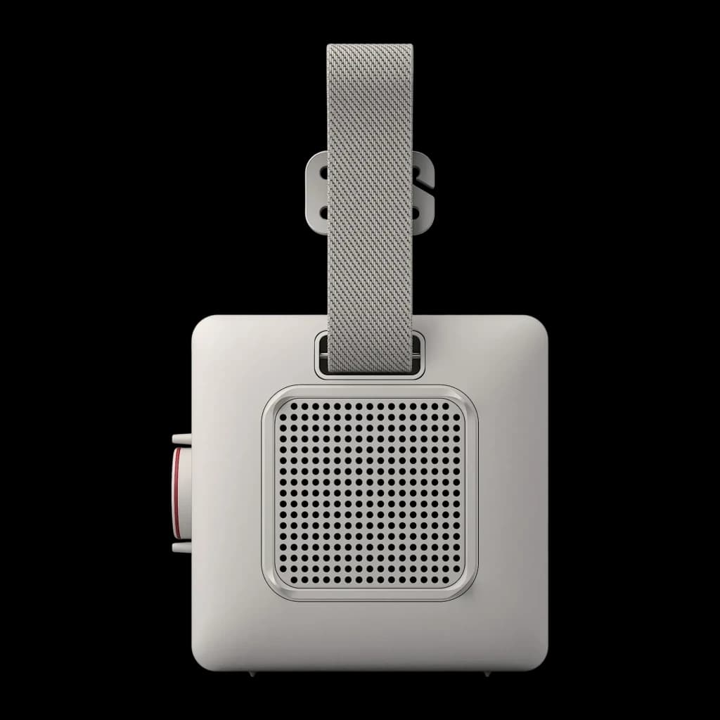 Altavoz portátil LG xboom Mini by will.i.am IP67 5W 10h Gris, vista frontal: rejilla circular y correa textil gris
