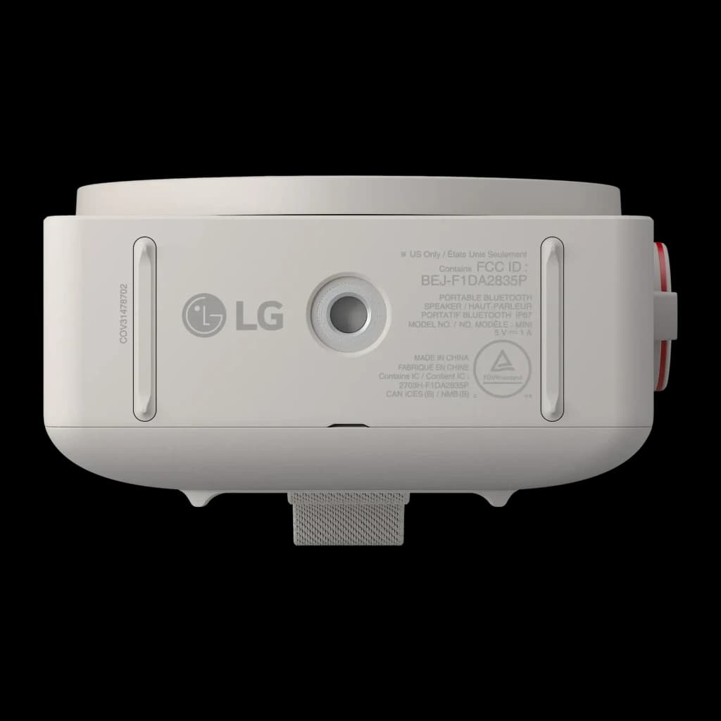 Altavoz portátil LG xboom Mini by will.i.am IP67 5W 10h Gris, base: logo LG, puerto de carga y correa textil visibles