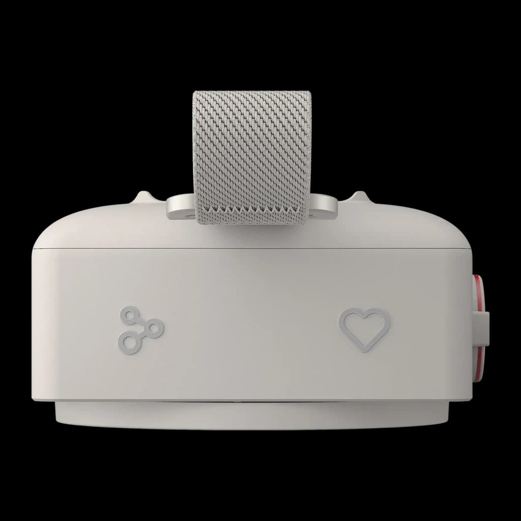 Altavoz portátil LG xboom Mini by will.i.am IP67 5W 10h Gris, vista frontal: iconos share y corazón, asa textil gris y botón