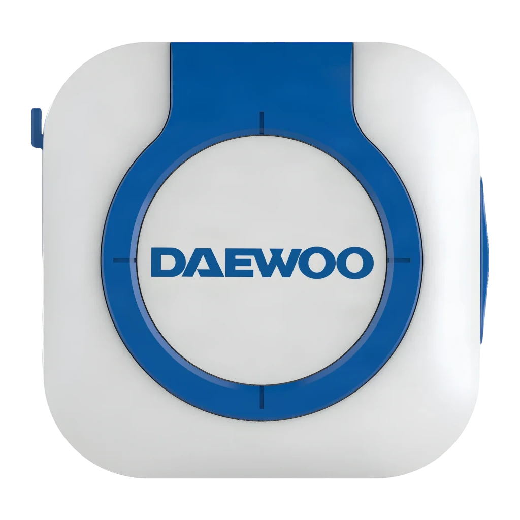 Localisateur GPS Daewoo IP65 Animaux Bleu/Blanc D-C08, vue avant: logo Daewoo sur anneau bleu central et corps blanc arrondi