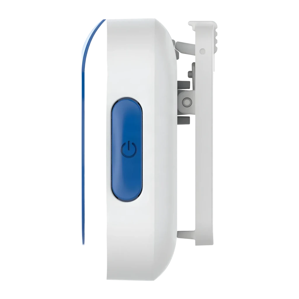 Localisateur GPS Daewoo IP65 Animaux Bleu/Blanc D-C08, vue latérale: bouton d'alimentation bleu et clip de fixation