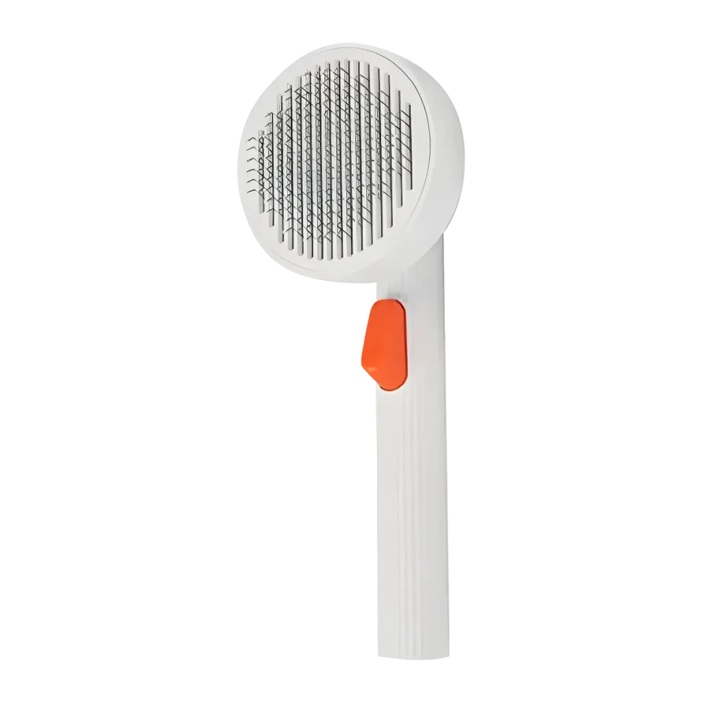Cepillo de aseo Petkit Grooming Brush 2 Perros y gatos Blanco, vista frontal: cabezal circular con púas y botón naranja