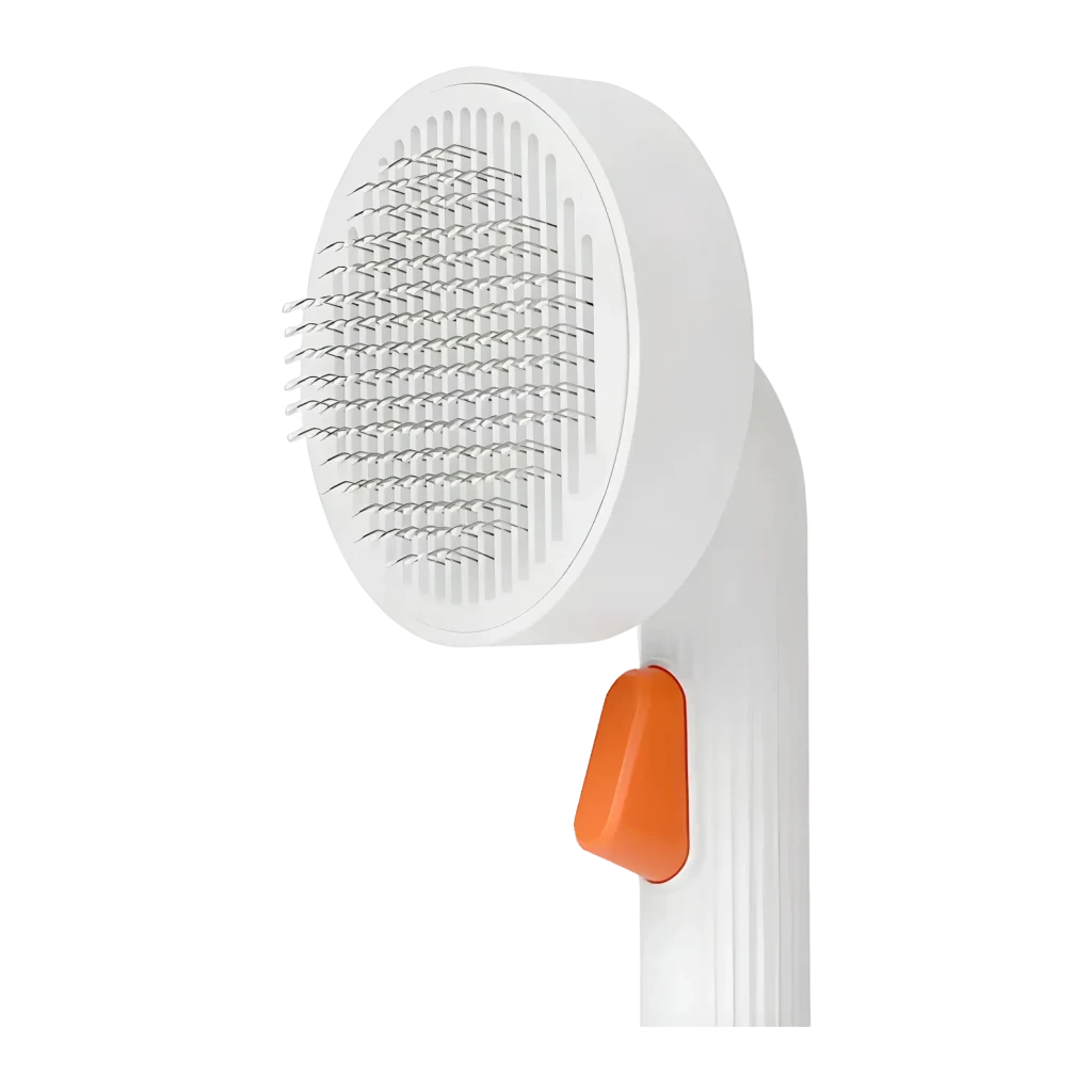 Cepillo de aseo Petkit Grooming Brush 2 Perros y gatos Blanco, vista lateral: cabezal redondo con púas metálicas y botón