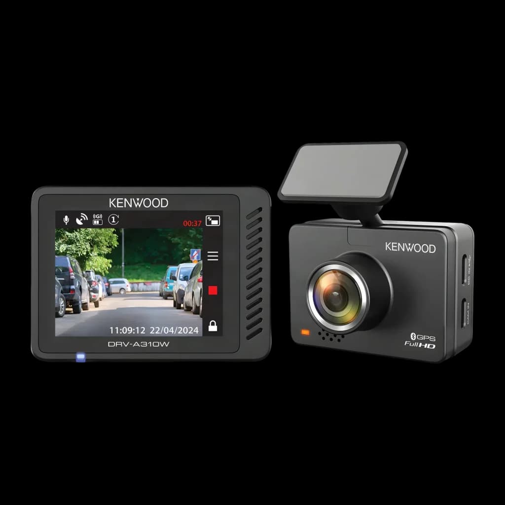 Dashcam Kenwood Noir 1080p GPS WiFi DRV-A310W, vue avant et latérale: écran en enregistrement et objectif grand angle