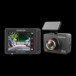 Dashcam Kenwood Noir 1080p GPS WiFi DRV-A310W, vue avant et latérale: écran en enregistrement et objectif grand angle