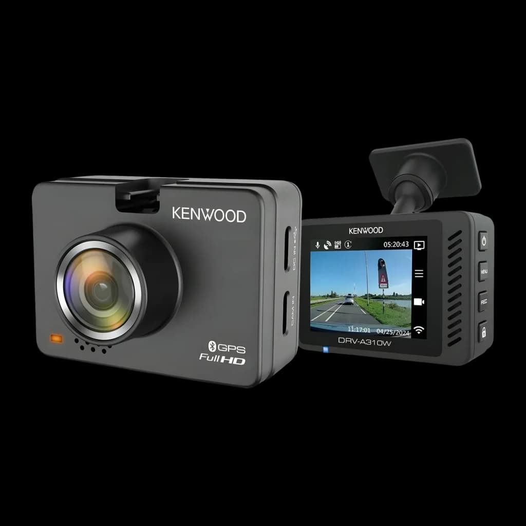 Dashcam Kenwood Noir 1080p GPS WiFi DRV-A310W, double vue: objectif grand angle et écran LCD affichant un enregistrement