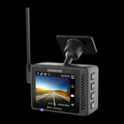 Dashcam Kenwood Noir 1080p GPS WiFi DRV-A310W, vue avant-latérale: écran allumé avec enregistrement route, antenne WiFi