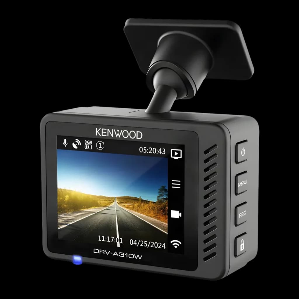 Dashcam Kenwood Noir 1080p GPS WiFi DRV-A310W, vue avant-latérale: écran allumé avec enregistrement route, boutons latéraux