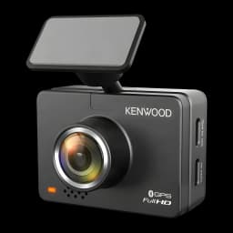 Dashcam Kenwood Noir 1080p GPS WiFi DRV-A310W, vue avant en angle: objectif grand angle, support articulé et ports latéraux