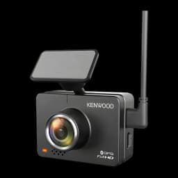 Dashcam Kenwood Noir 1080p GPS WiFi DRV-A310W, vue latérale: objectif grand angle, support articulé et antenne WiFi visibles