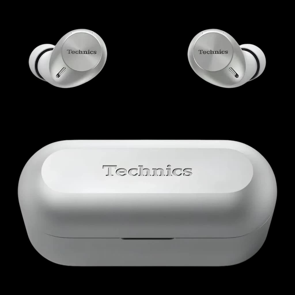 Écouteurs Technics Réduction de Bruit V-Hybrid TWS Bluetooth LDAC Argent EAH-AZ40M2, vue avant: écouteurs flottant au-dessus