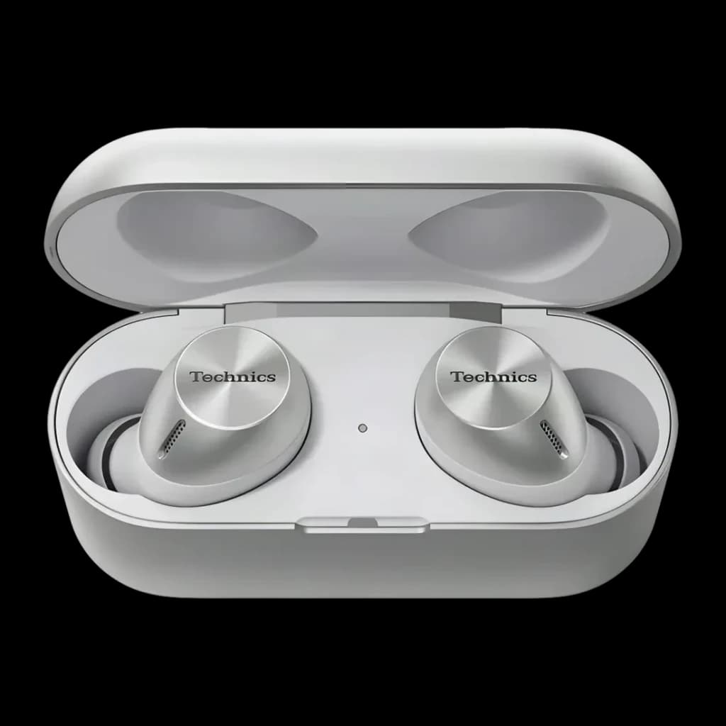 Écouteurs Technics Réduction de Bruit V-Hybrid TWS Bluetooth LDAC Argent EAH-AZ40M2, vue dessus: boîtier ouvert