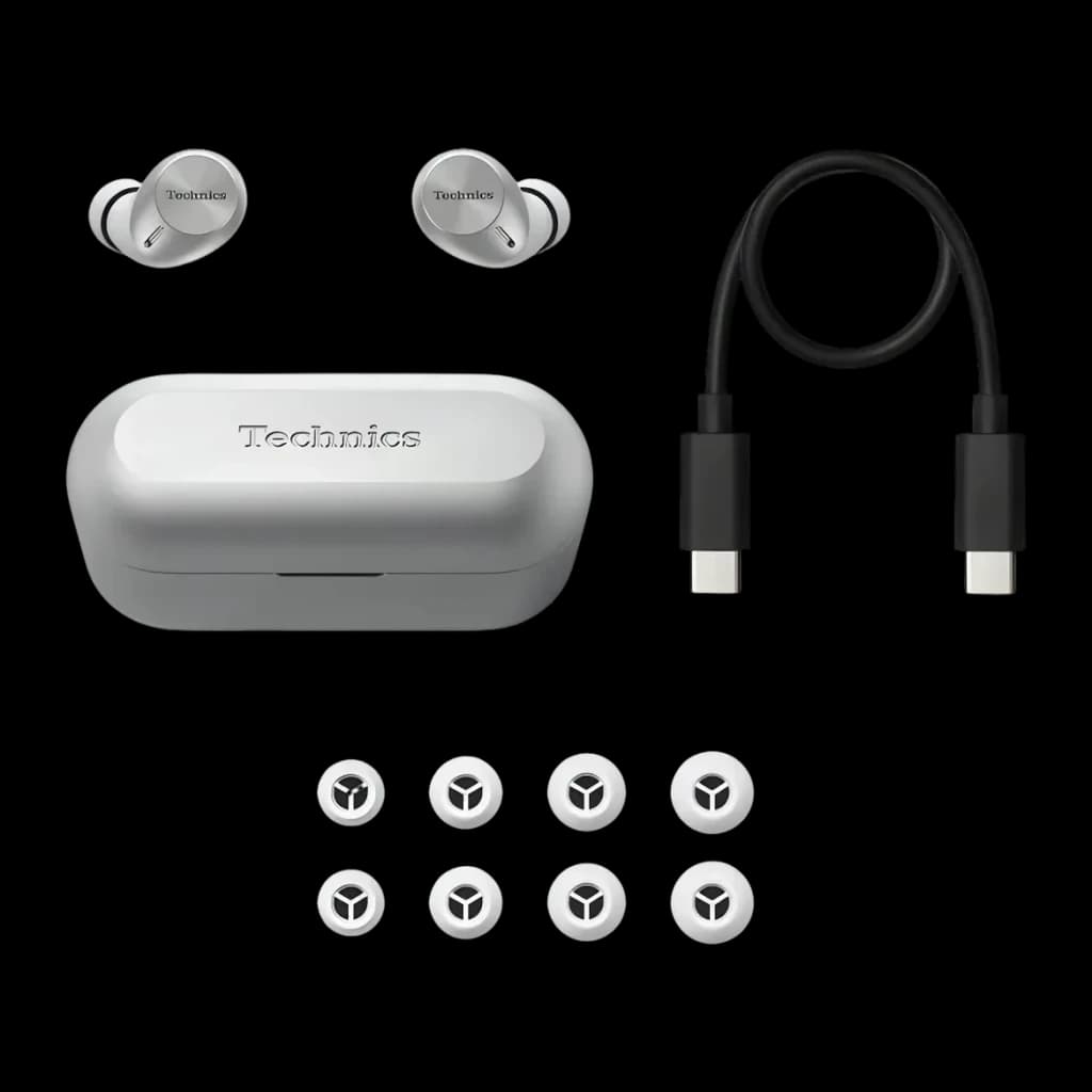 Écouteurs Technics Réduction de Bruit V-Hybrid TWS Bluetooth LDAC Argent EAH-AZ40M2, contenu boîte: écouteurs, étui, câble