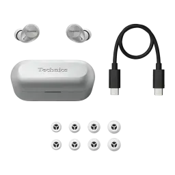 Écouteurs Technics Réduction de Bruit V-Hybrid TWS Bluetooth LDAC Argent EAH-AZ40M2, contenu boîte: écouteurs, étui, câble