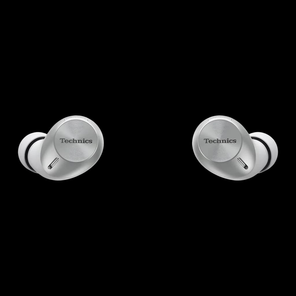 Écouteurs Technics Réduction de Bruit V-Hybrid TWS Bluetooth LDAC Argent EAH-AZ40M2, vue avant: les deux écouteurs avec logo