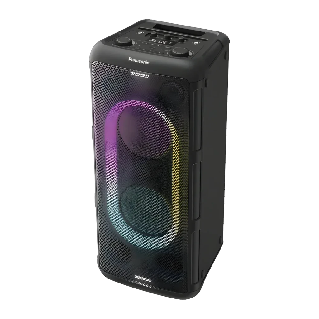 Coluna de festa Panasonic 1000W Bluetooth 5.0 Preto SC-TMAX45, vista em ângulo: iluminação RGB multicolor na grelha frontal