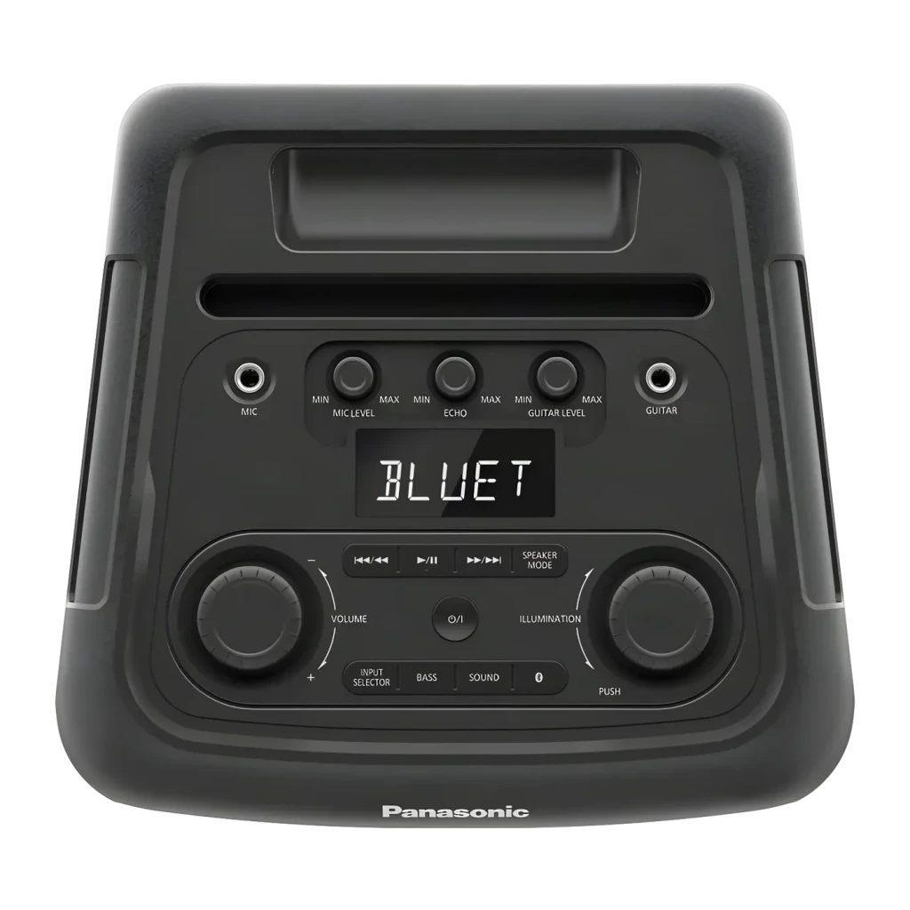 Coluna de festa Panasonic 1000W Bluetooth 5.0 Preto SC-TMAX45, vista superior: painel de controlo com ecrã BLUET, botões
