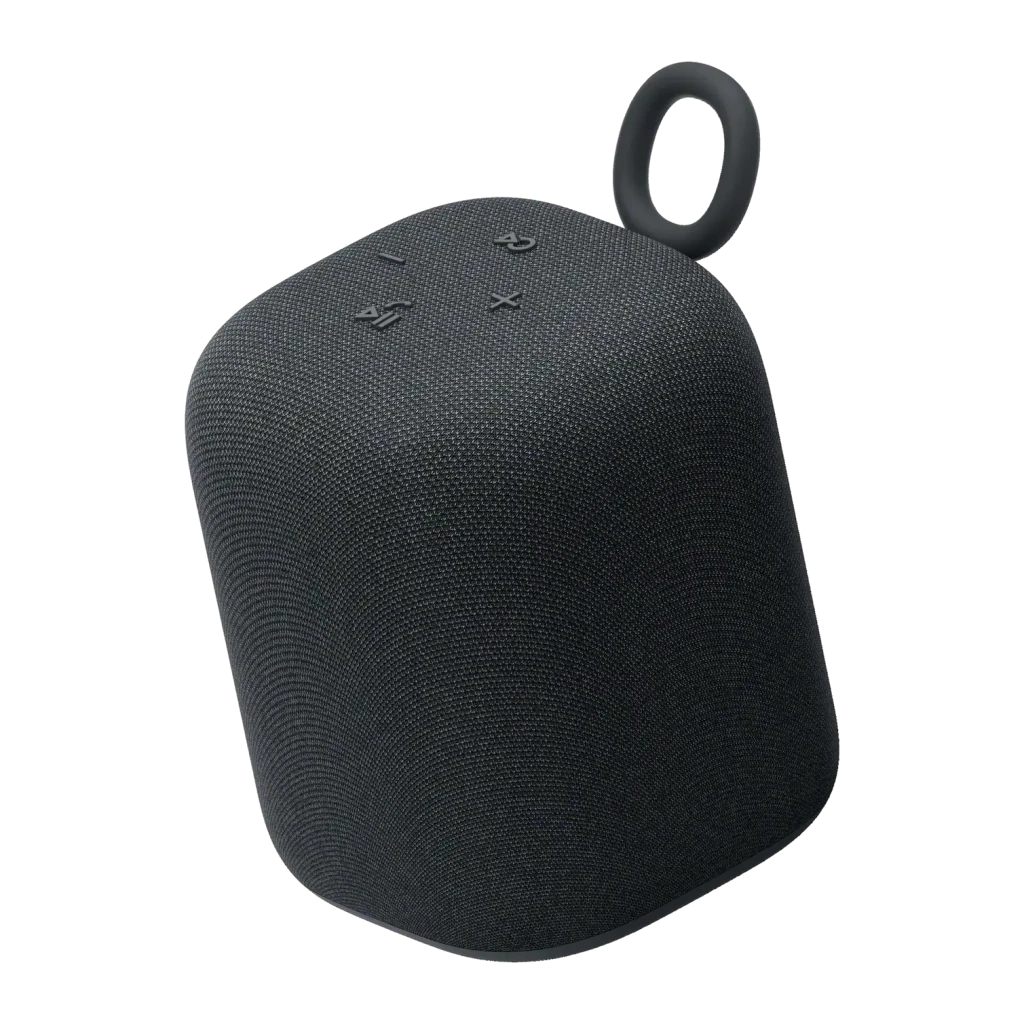 Coluna portátil Bluetooth Sony LinkBuds Speaker SRS-LS1 0,3W 25h Preto, vista em ângulo: corpo têxtil com botões táteis