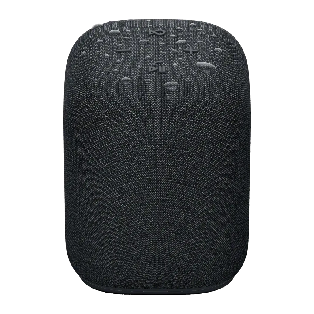 Coluna portátil Bluetooth Sony LinkBuds Speaker SRS-LS1 0,3W 25h Preto, vista frontal: tecido preto com gotas de água