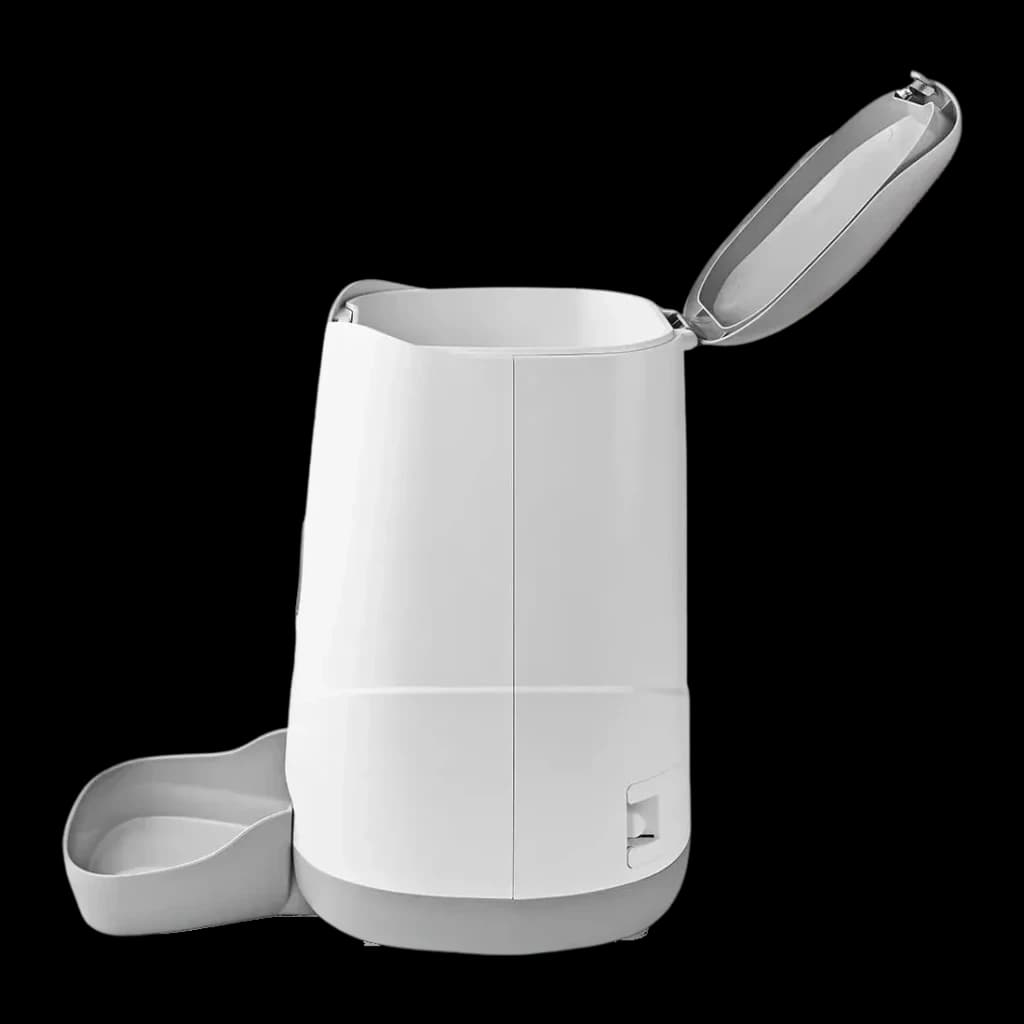 Comedero Automático Nedis SmartLife 3,7L Gris/Blanco WiFi WIFIPET10CWT, vista lateral: tapa abierta y bandeja extraíble