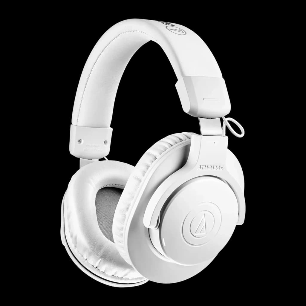 Casque Audio-Technica ATH-M20xBT Supra-auriculaire Bluetooth 5.0 60h Blanc, vue latérale: coussinets rembourrés et logo AT