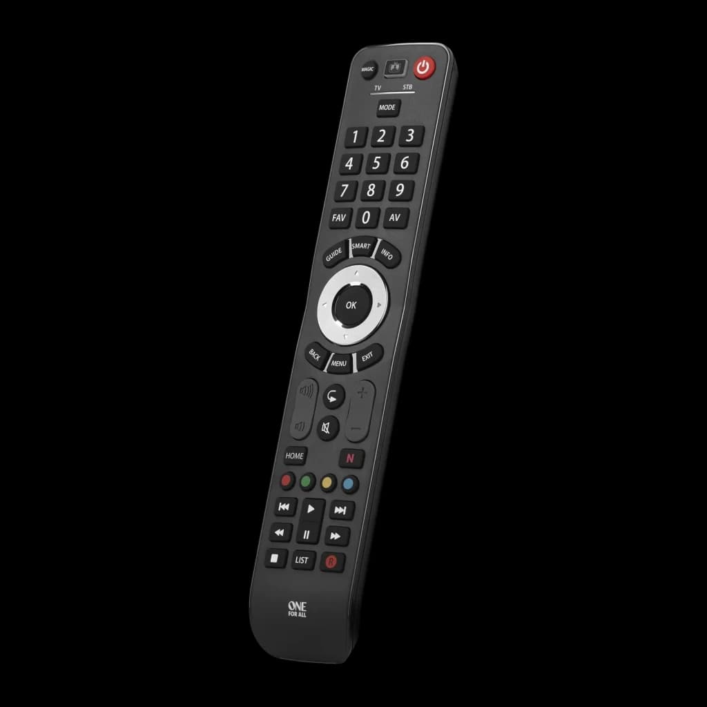 Mando Universal One for All Evolve 2 URC7125 IR Inalámbrico, vista frontal en ángulo: botonera completa, tecla Netflix