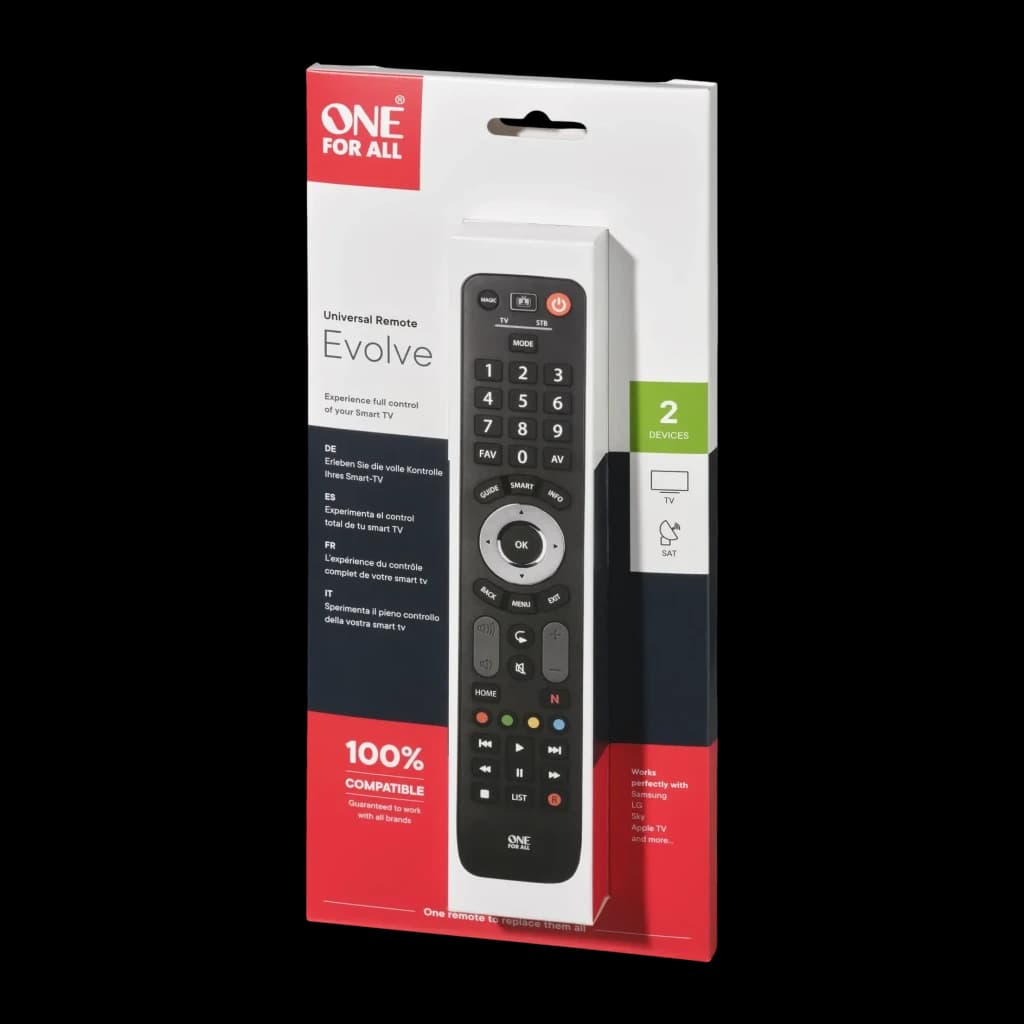Mando Universal One for All Evolve 2 URC7125 IR Inalámbrico, caja: packaging frontal con mando negro visible y sello 100%