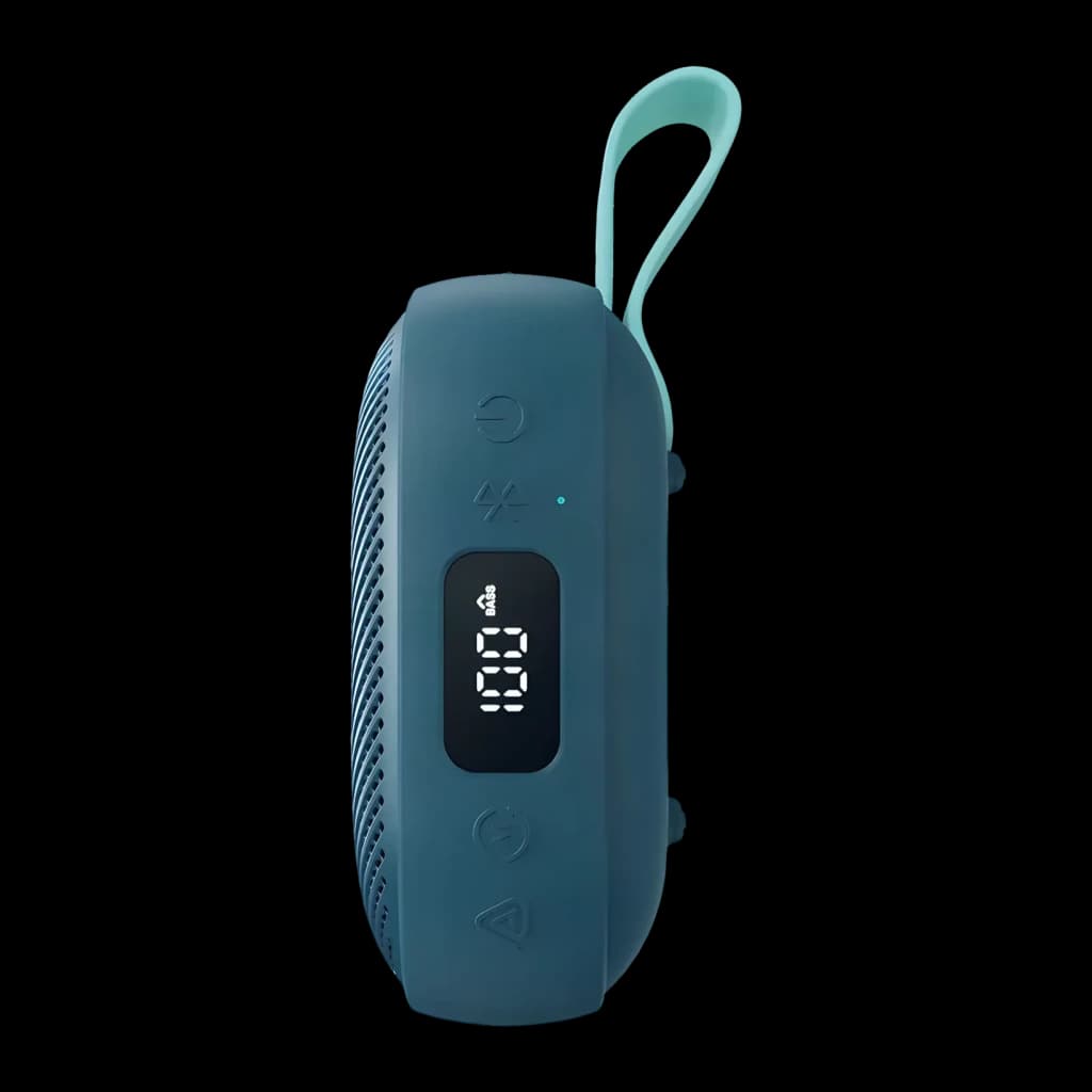 Altavoz portátil Anker Soundcore Boom Go 3i IP68 15W 24h Azul, detalle lateral: pantalla LED, botones de control y asa menta