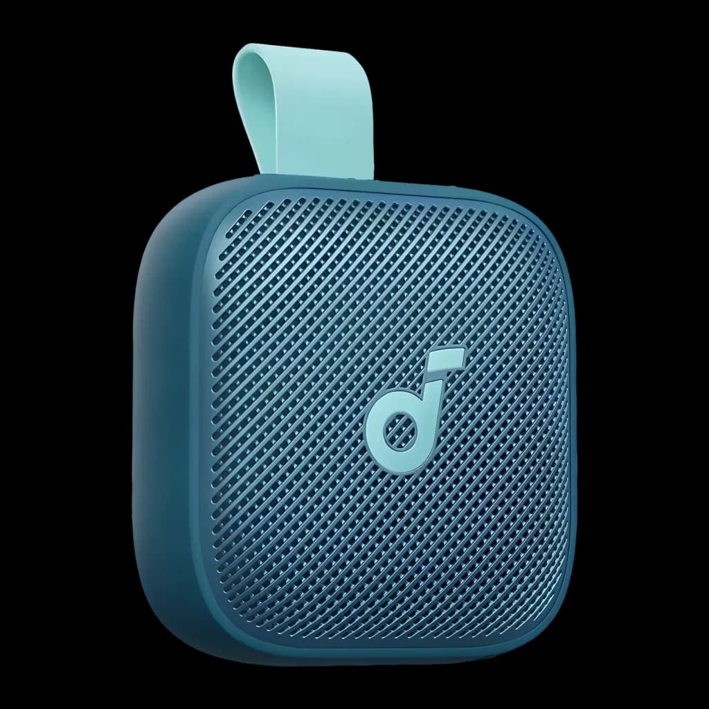 Altavoz portátil Anker Soundcore Boom Go 3i IP68 15W 24h Azul, detalle: rejilla frontal y asa de transporte celeste