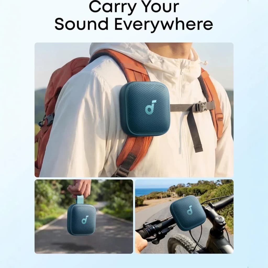 Altavoz portátil Anker Soundcore Boom Go 3i IP68 15W 24h Azul, en uso: sujeto a mochila, en mano y en manillar de bici