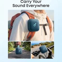 Altavoz portátil Anker Soundcore Boom Go 3i IP68 15W 24h Azul, en uso: sujeto a mochila, en mano y en manillar de bici