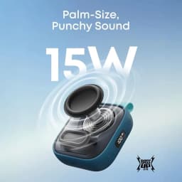 Altavoz portátil Anker Soundcore Boom Go 3i IP68 15W 24h Azul, en uso: vista frontal con ondas de sonido y woofer