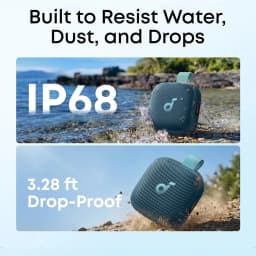 Altavoz portátil Anker Soundcore Boom Go 3i IP68 15W 24h Azul, en uso: resistencia IP68 y caídas, salpicando agua en costa