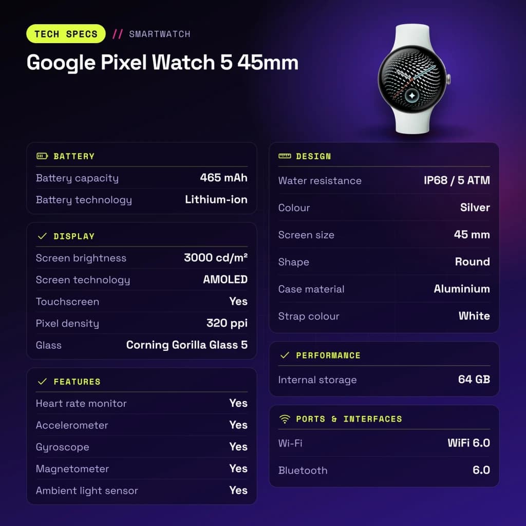 Google Pixel Watch 5 45mm Plata NFC - características