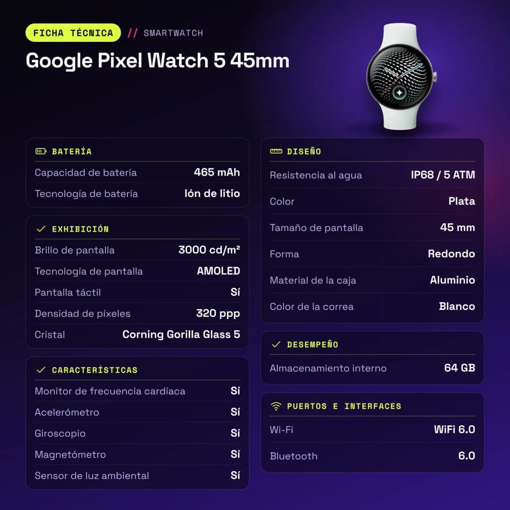 Google Pixel Watch 5 45mm Plata NFC - características