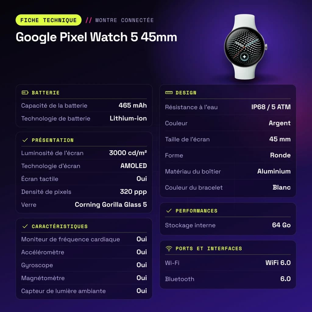 Google Pixel Watch 5 45mm Plata NFC - características