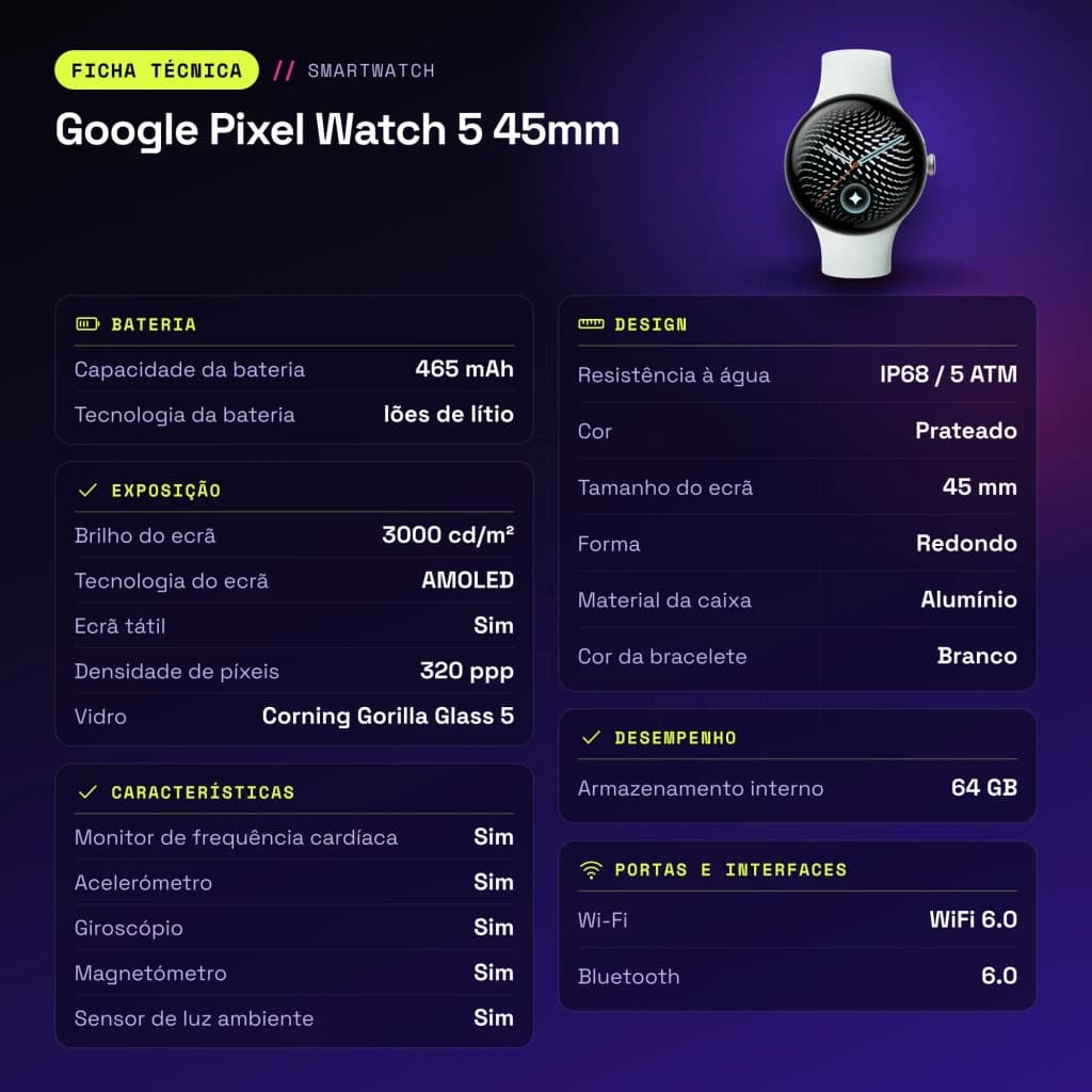Google Pixel Watch 5 45mm Plata NFC - características