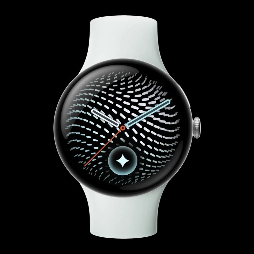 Google Pixel Watch 5 45mm Plata NFC, vista frontal: esfera con patrón ondulado, manecillas azules y roja, correa blanca