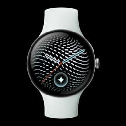 Google Pixel Watch 5 45mm Plata NFC, vista frontal: esfera con patrón ondulado, manecillas azules y roja, correa blanca