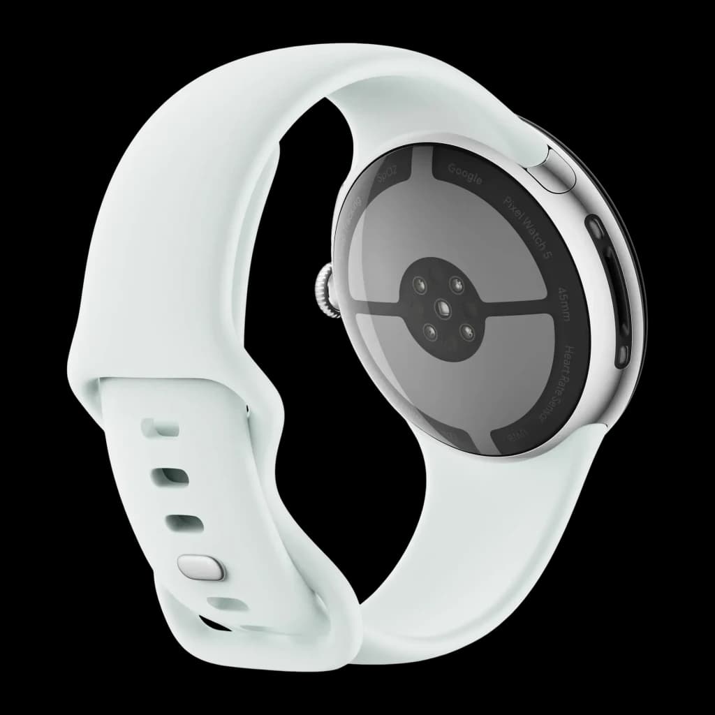 Google Pixel Watch 5 45mm Plata NFC, vista trasera: sensores de salud, caja plateada y correa verde menta